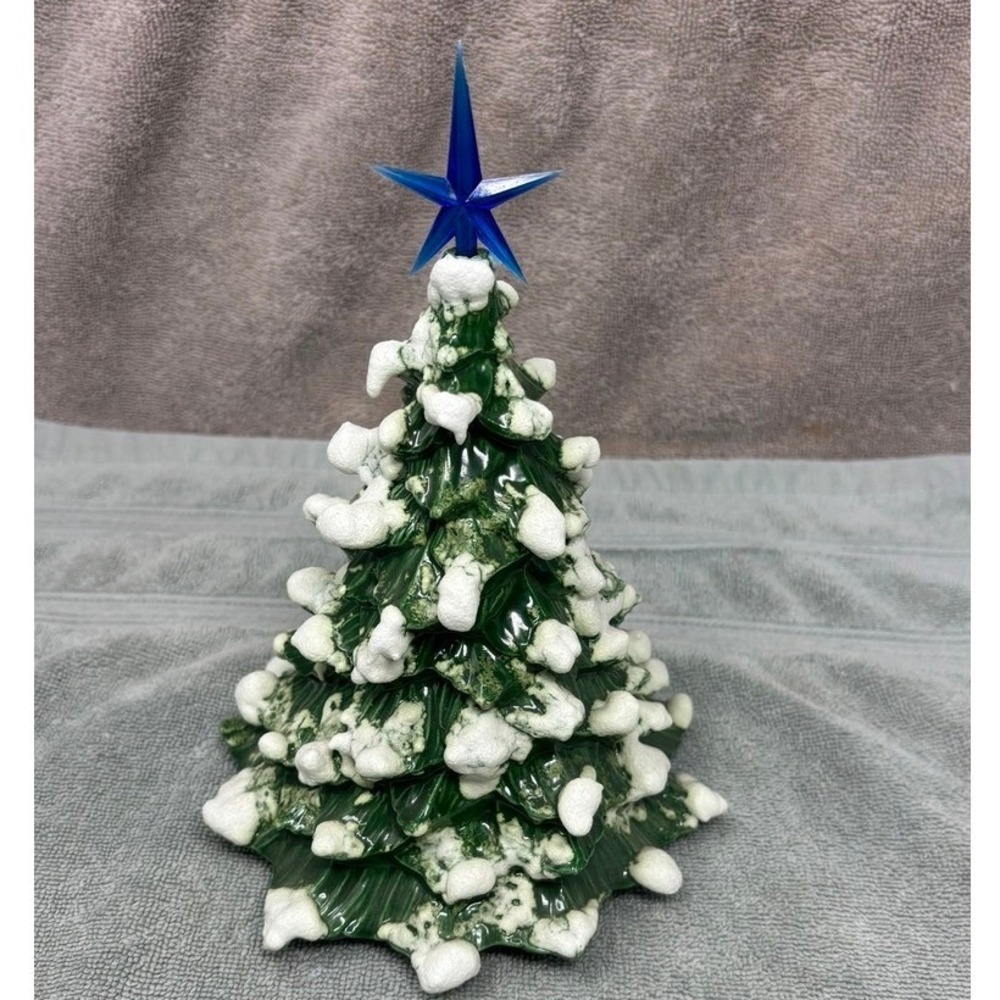 Vintage 1982 Doc Holliday Ceramic Christmas Tree Snowy Green with Blue Star 7in